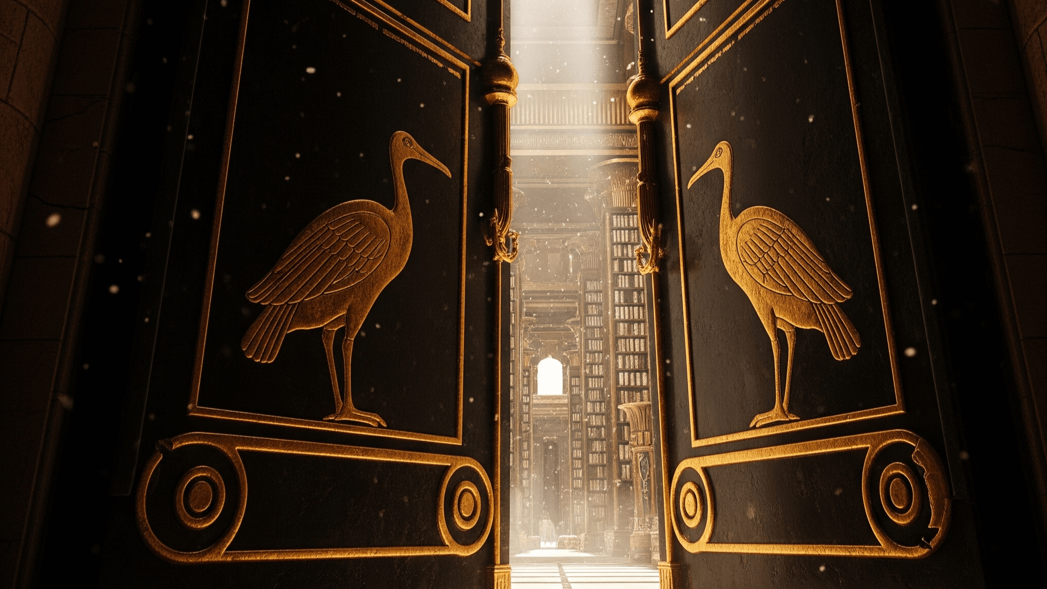Ornate temple doors opening to reveal a vast, mystical library within.